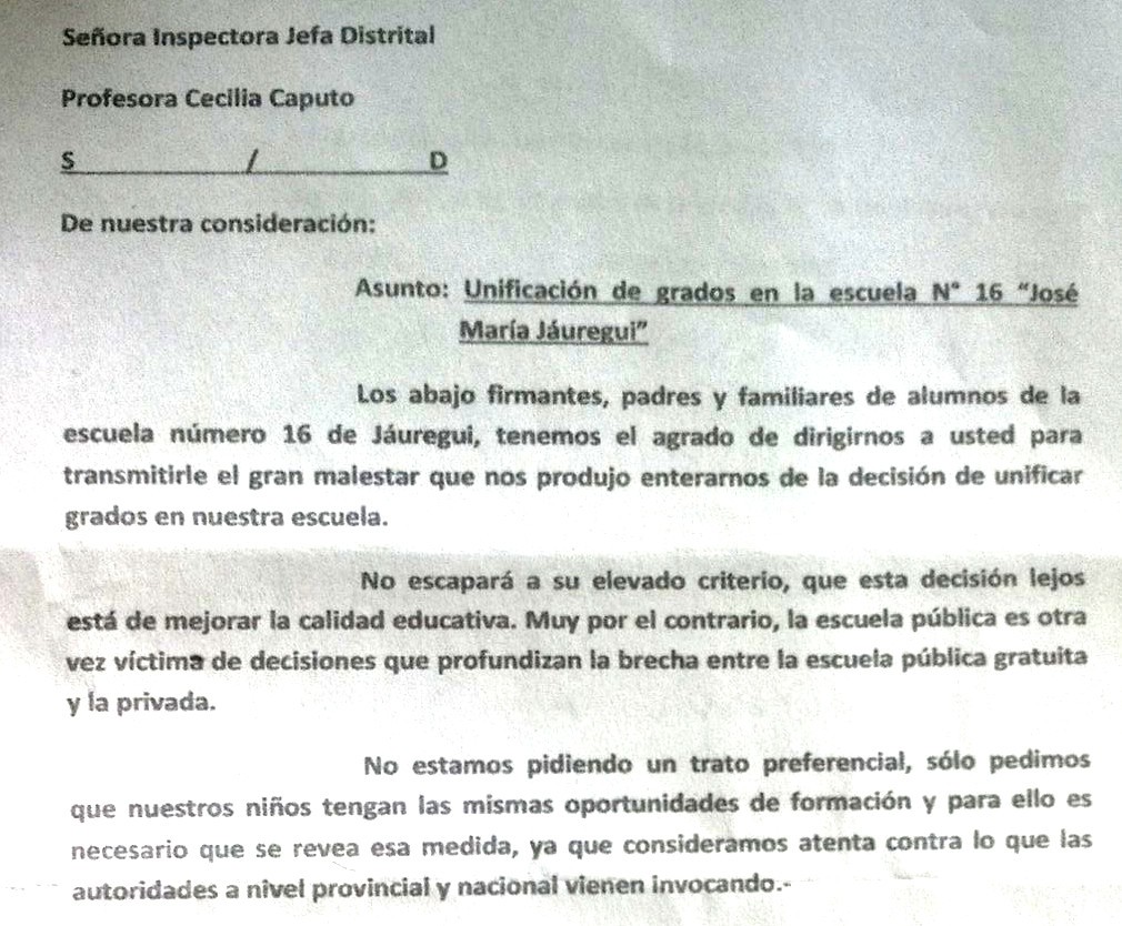 La Escuela 16 de Jáuregui contra la unificación de cursos